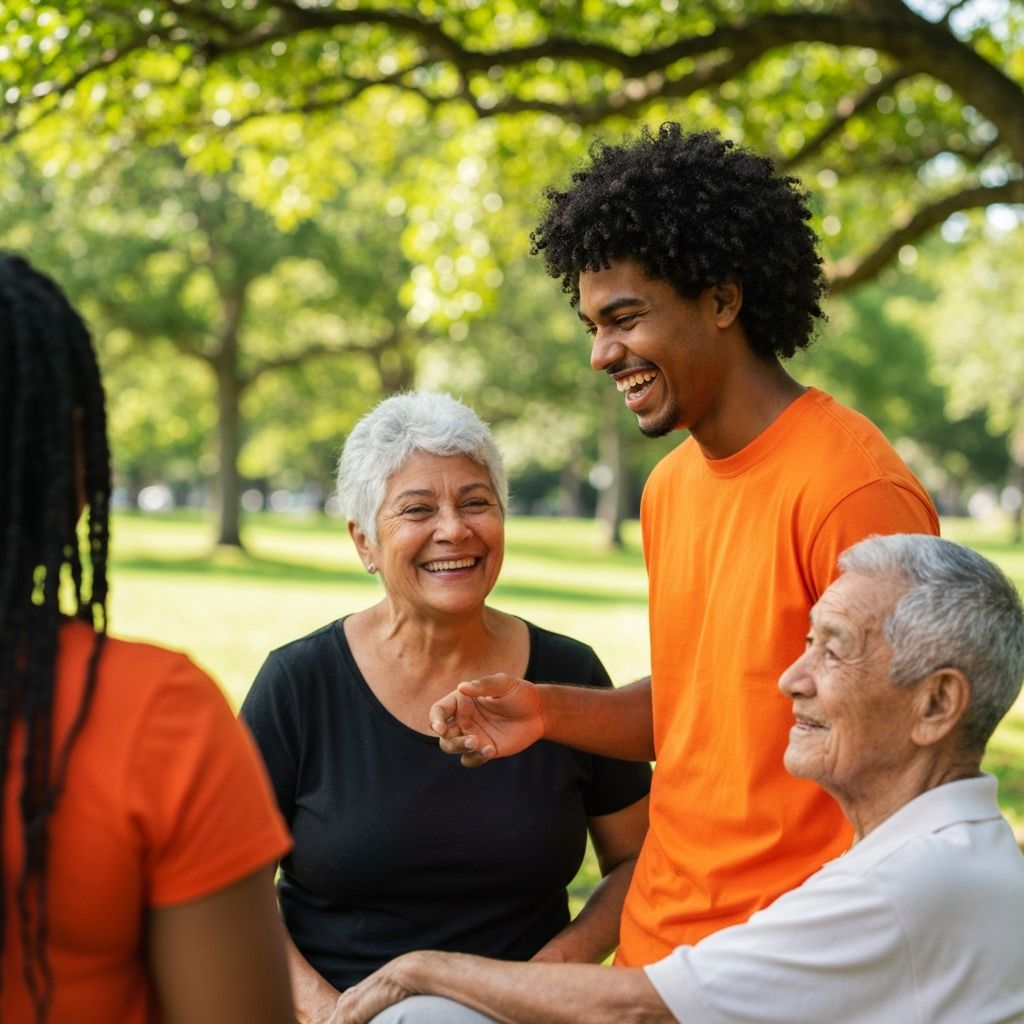 Diverse group of people stretching in a park
